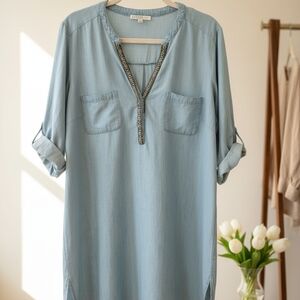 Spence Blue Chambray Embroidered Midi Dress Size 16W